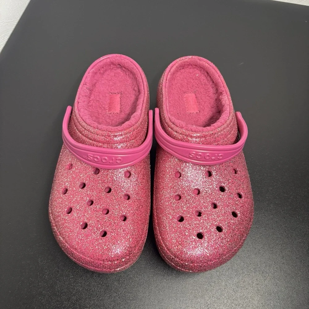Crocs Classic Glitter Lined‎ Clogs Girls Sz 6 Fushia Pink